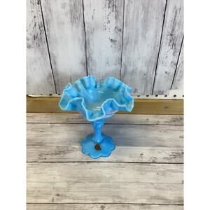 Vintage Fenton Blue Marble Slag Glass Compote Cabbage Rose Ruffled Edge